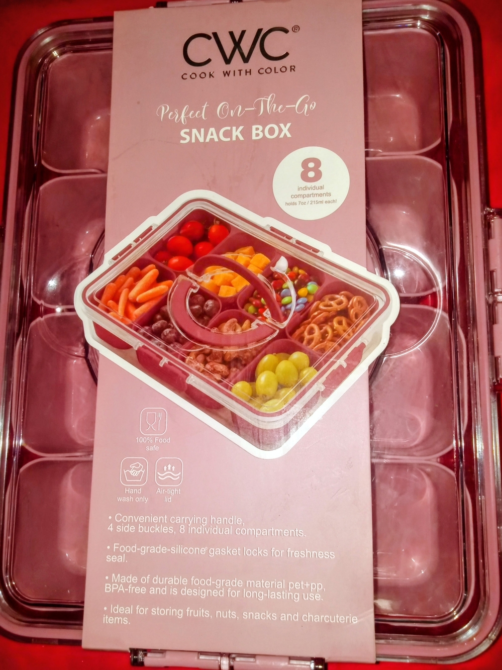 CWC Pink 8-Compartment Snack Box - Food-Grade Storage